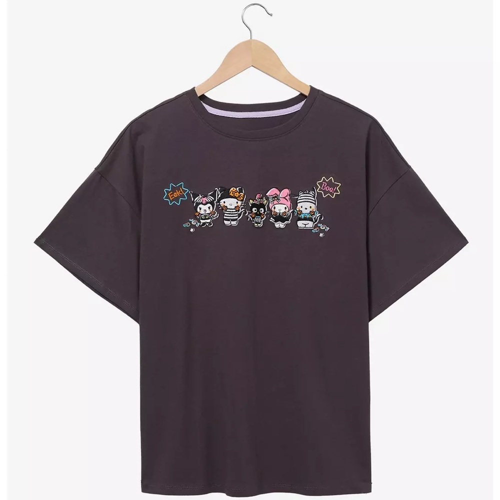 Halloween Sanrio Embroidered Gray Crewneck Short Sleeved Tee